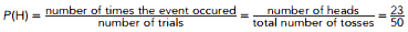 Number of times the event occured divided by the number of trails equal number of heads divided by total number of tosses